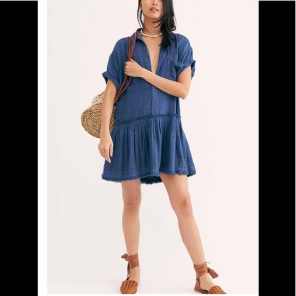 SALE NWT Free People Love Buzz Dress Med Blue Plaid - Picture 1 of 14